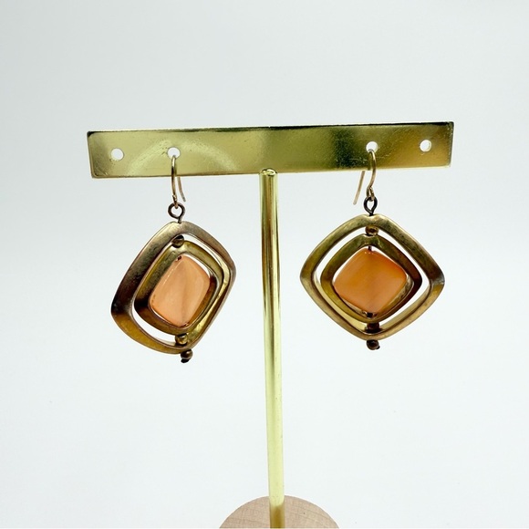 Gold Tone Orange Glass Stone Geometric Earrings - Picture 2 of 5